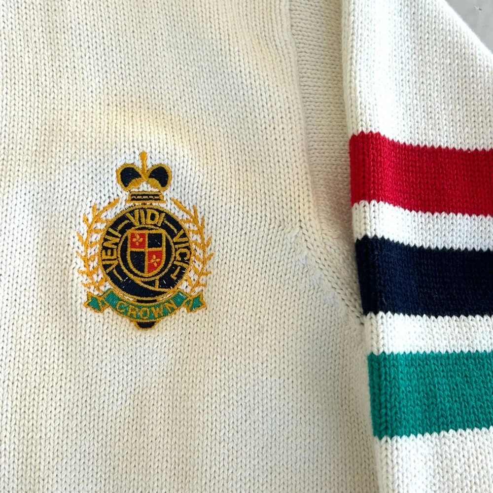 Vintage 80-90s Preppy Collegiate Ivory Crested Striped Cardigan L Princess Diana
